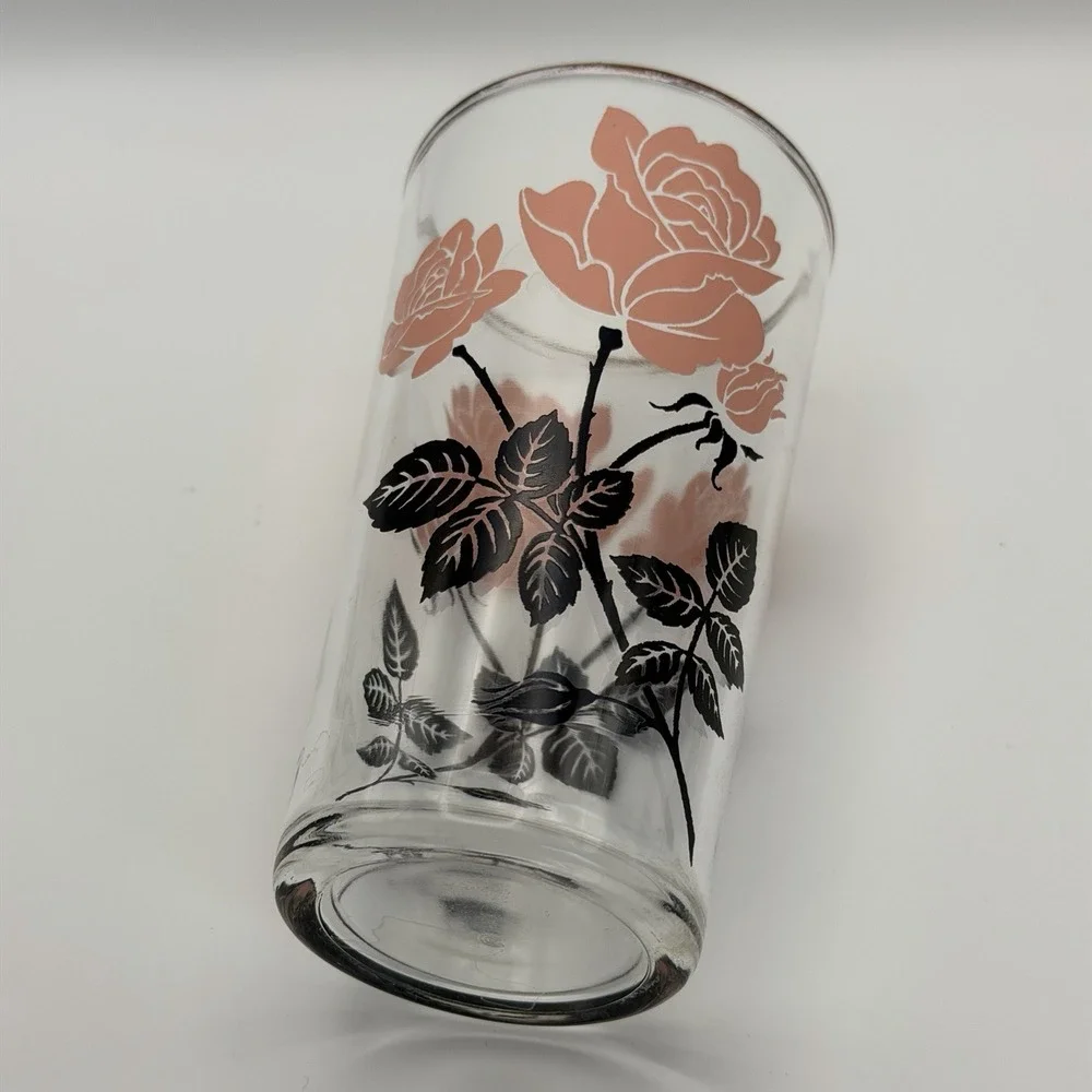 Vintage‎ Pink Rose Glasses Set of 6 Highball Gold Rim Floral Tumblers 1960s MCM